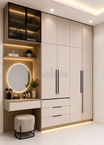 Built-in Modern Wardrobe with Vanity and LED Lighting