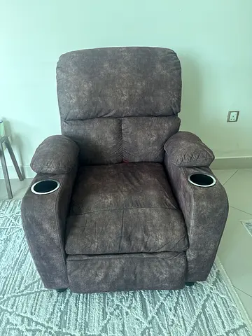 Single grey fabric recliner chair with cup holders - good condition
