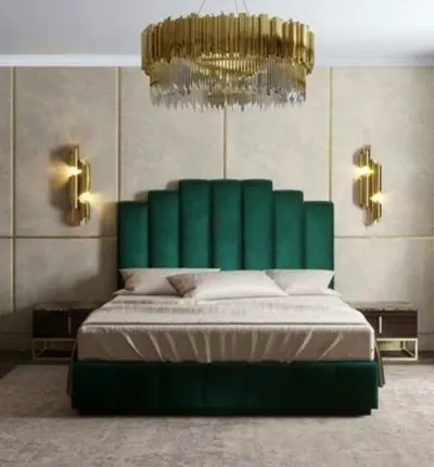 Green Velvet Upholstered queen Bed with Tall Channel Headboard