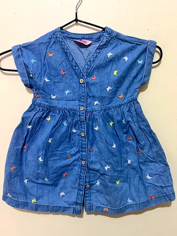 Denim button-front dress with embroidered birds — girls size