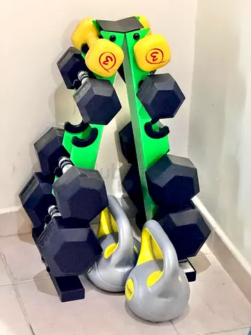 Compact Dumbbell and Kettlebell Set with Rack (Light to Medium Weights)