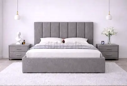 Modern Grey Upholstered Bed with Matching Nightstands