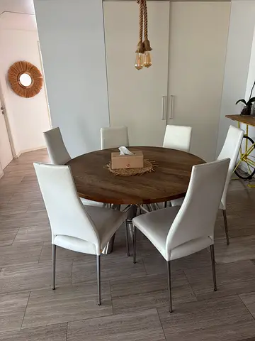Solid Wood Round Dining Marina Home Table with 6 White Chairs - Modern Set