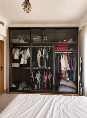Large Wooden Sliding Door Wardrobe with Glass Panels - Good Condition