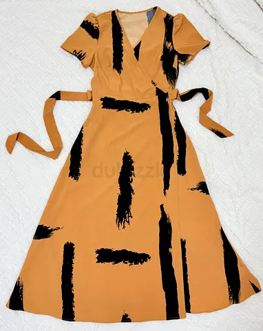 SHEIN Camel Abstract Wrap Maxi Dress | Tie-Waist Long Dress | Size M to L