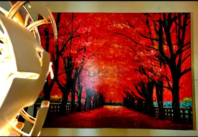Large Framed Red Autumn Trees Painting - Wall Art