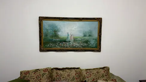 Vintage framed oil painting with ornate frame - romantic landscape