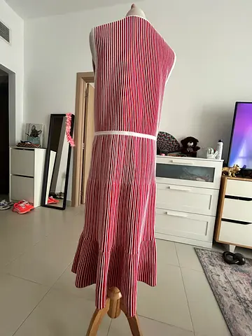 Ralph Lauren Red and white knit striped sleeveless midi dress, size medium