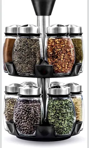 Rotating 12-Jar Stainless Steel & Glass Spice Rack Carousel
