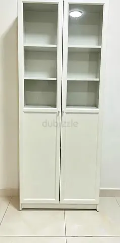 White Tall Glass-Front Storage Cabinet - 2 Doors, Shelves