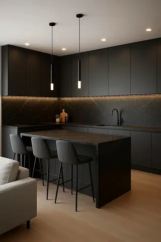 Modern matte black kitchen island with storage cabinets