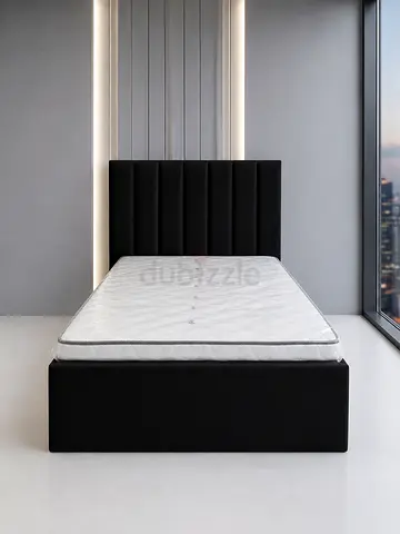 Double black upholstered bed frame with mattress - modern design