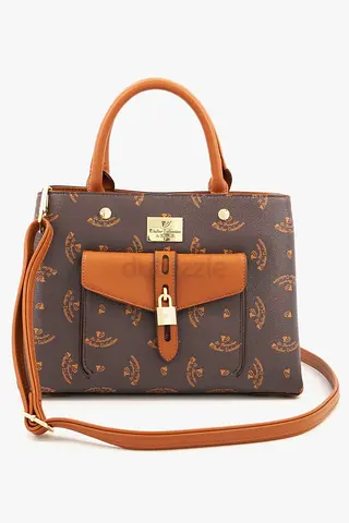 Walter Valentino Brown monogram satchel handbag with detachable strap
