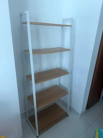 Light wood and white metal 5-tier shelving unit - good condition