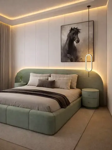 Upholstered platform bed with integrated headboard - mint green