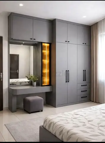 Modern Grey Built-in Wardrobe with Vanity and Mirror