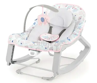 Comfortable baby rocker/bouncer with soft cushion and toy bar - gently used