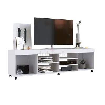 White low TV stand with open shelving and caster wheels