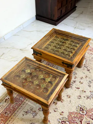 Pair of Vintage Wood and Brass Inlay Coffee Tables