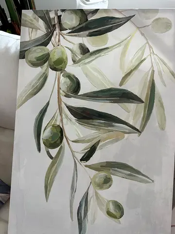3pcs Canvas wall art with olive and other branch paintings.