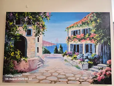 Framed Seaside Landscape Canvas Painting - Mediterranean Scene 90 x 60 cm