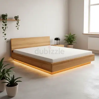 Modern Low-Profile Wooden Bed Frame with LED Base