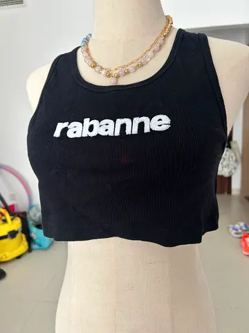Paco Rabbane Black ribbed crop tank top with logo L