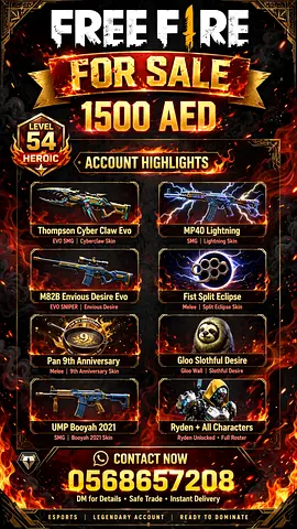 🔥 FREE FIRE ACCOUNT FOR SALE - 1500 AED FIXED PRICE 🔥
Contact: 0568657208 - Sharjah / Dubai

Level