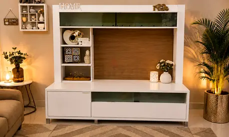 White TV Entertainment Unit with Shelves and Cabinet — Good Condition