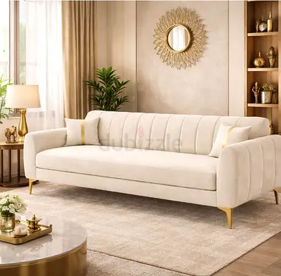 Cream Velvet 3-Seater Sofa with Gold Legs