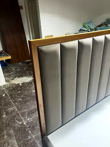 Queen Size Bed Frame with Tall Padded Headboard - Grey — customized heavy high quality wood