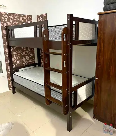 Solid Wood Triple Bunk Bed | Sturdy Dark Brown Frame with Mattresses
