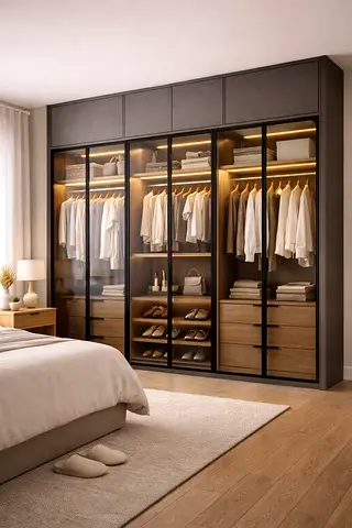 Modern Glass-Door Wardrobe with LED Lighting — 4-Panel Closet (Dark Finish)