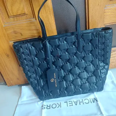Michael Kors Black MK Embossed Sinclair Tote Bag - Spacious Everyday Handbag