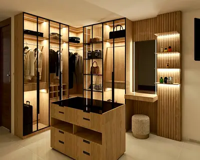 Modern Walk-in Wardrobe with Island and Vanity — Light Wood Finish