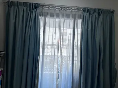 02 Set of blue-grey blackout curtains with white sheer panels - ready to hang