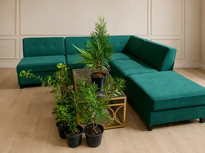 Green Velvet Sectional Sofa with Matching Ottoman