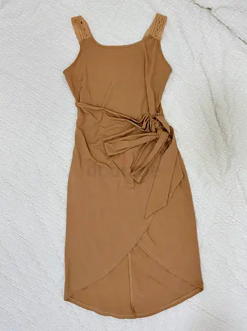 SHEIN CURVE Camel Ribbed Wrap Dress | Knee-Length | 0XL to XL