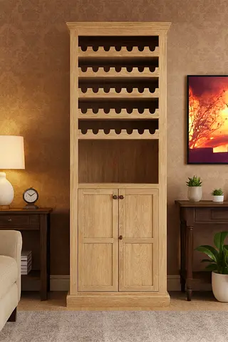 Tall Wooden Wine Rack with Storage Cabinet - Light Oak Finish