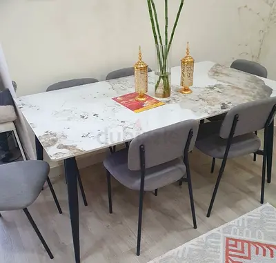 Marble-effect Dining Table with 6 Grey Chairs - Good Condition