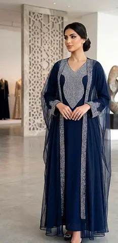 Navy blue abaya with sheer overlay and silver embroidery — barely worn