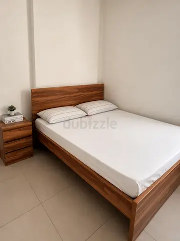 Solid Wood Double Bed with Headboard and Matching Nightstand - Good Condition