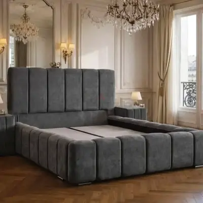 Large Modern Grey Upholstered King Bed with Padded Headboard