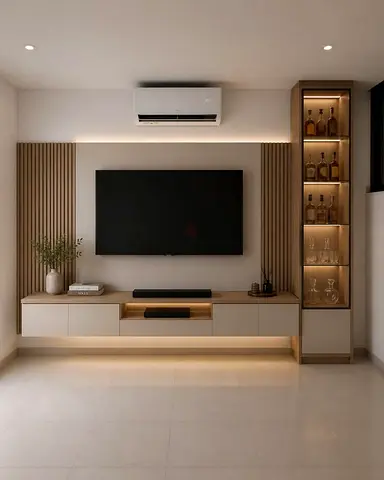 Modern wall-mounted TV entertainment unit with glass display cabinet