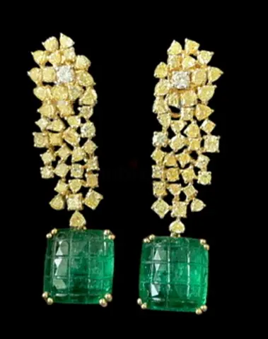 Gold drop earrings with diamonds and square emeralds - elegant statement pair