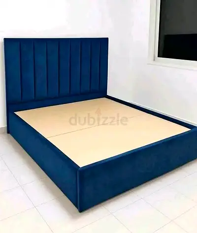 Blue Upholstered Double Bed Frame with Padded Headboard