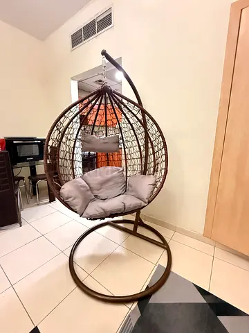 Hanging Egg Chair with Stand and Cushions - Brown Rattan Style