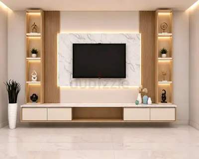 Modern wall-mounted entertainment center with illuminated shelving