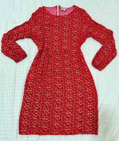 Boden Red Floral Knee-Length Dress | Elegant Long Sleeve Dress | UK 12 (US 8)