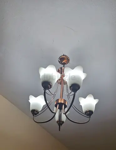 Five arm ceiling chandelier with frosted tulip glass shades - working condition